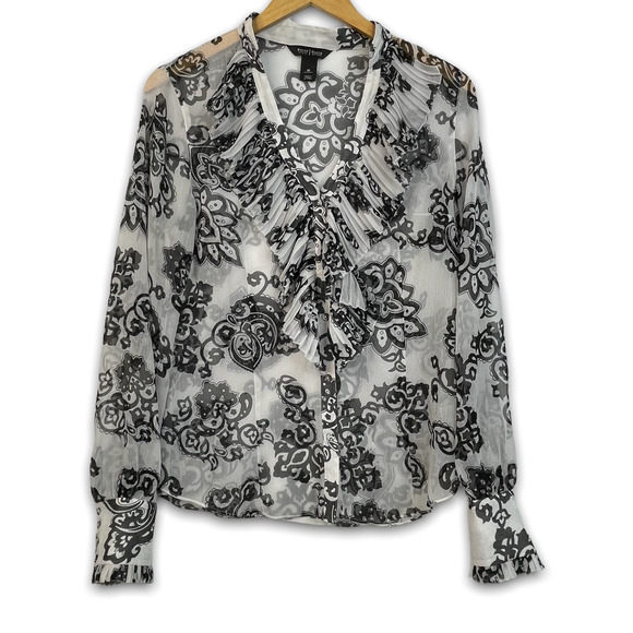 White House Black Market Tops - White House Black Market Floral Semi Sheer Vneck Ruffle Front Blouse Size 10